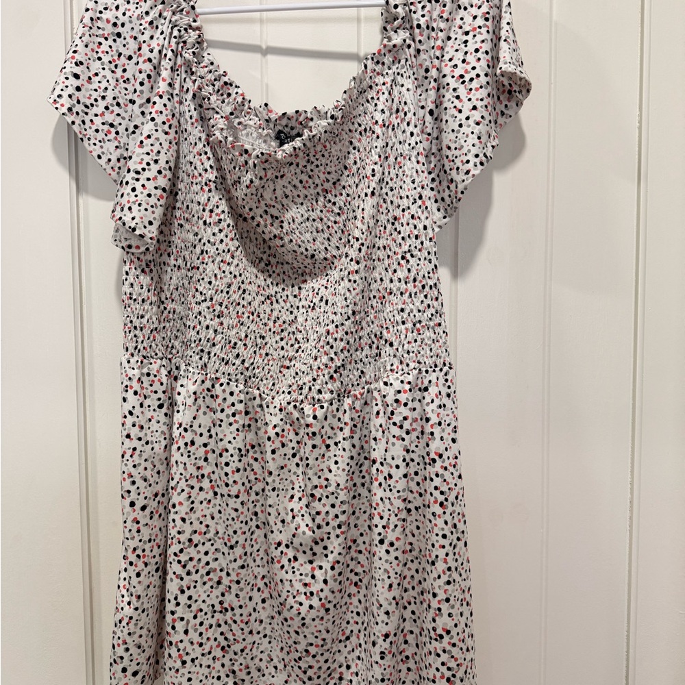 Smocked Off-Shoulder Polka Dot Top White Black Coral Puff Sleeve Boho